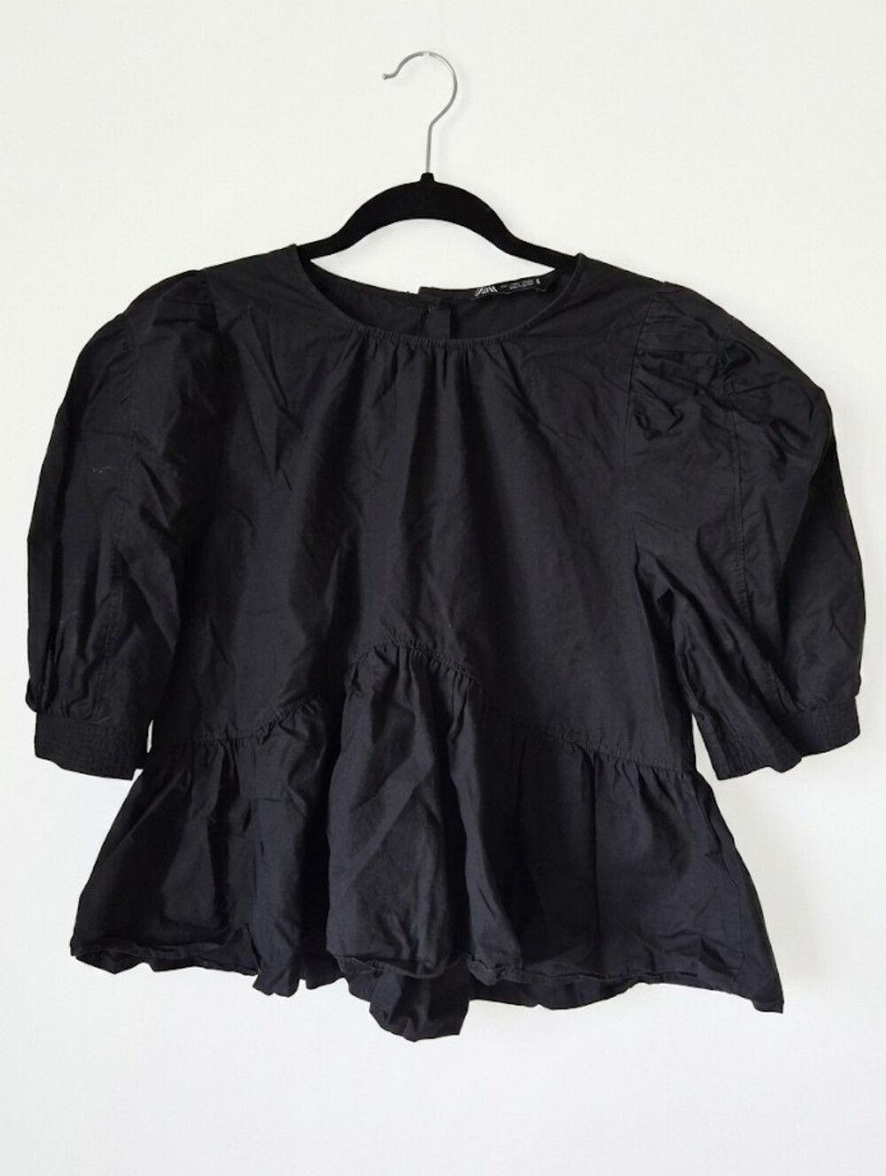 Zara Black Babydoll Peplum Top with Puff Sleeves, Women's Size L